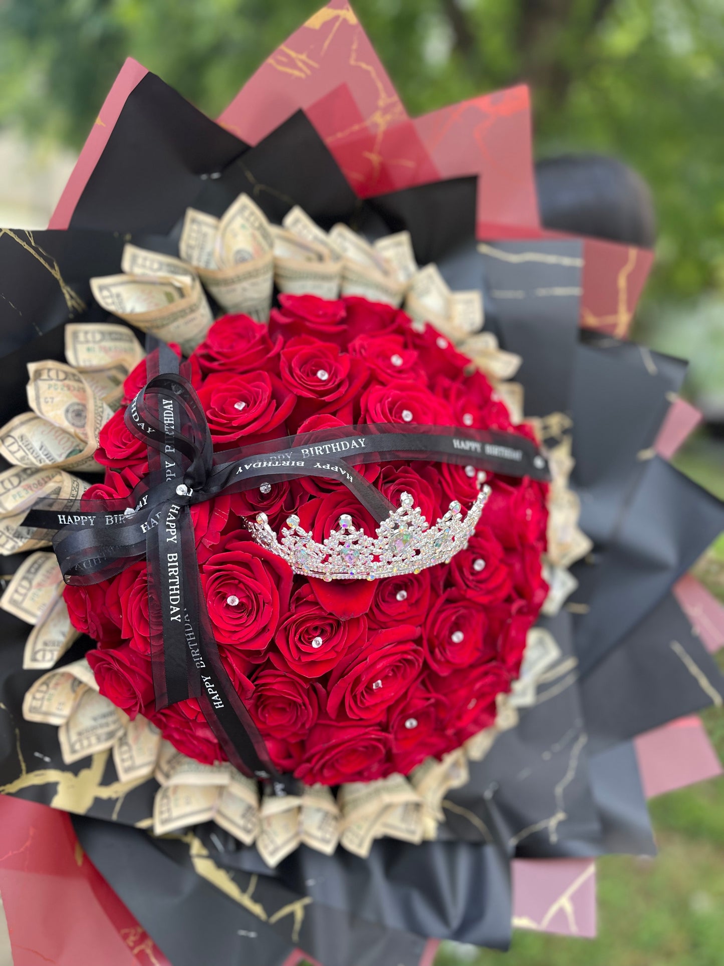 Money Bouquet with Crown and 50 Roses