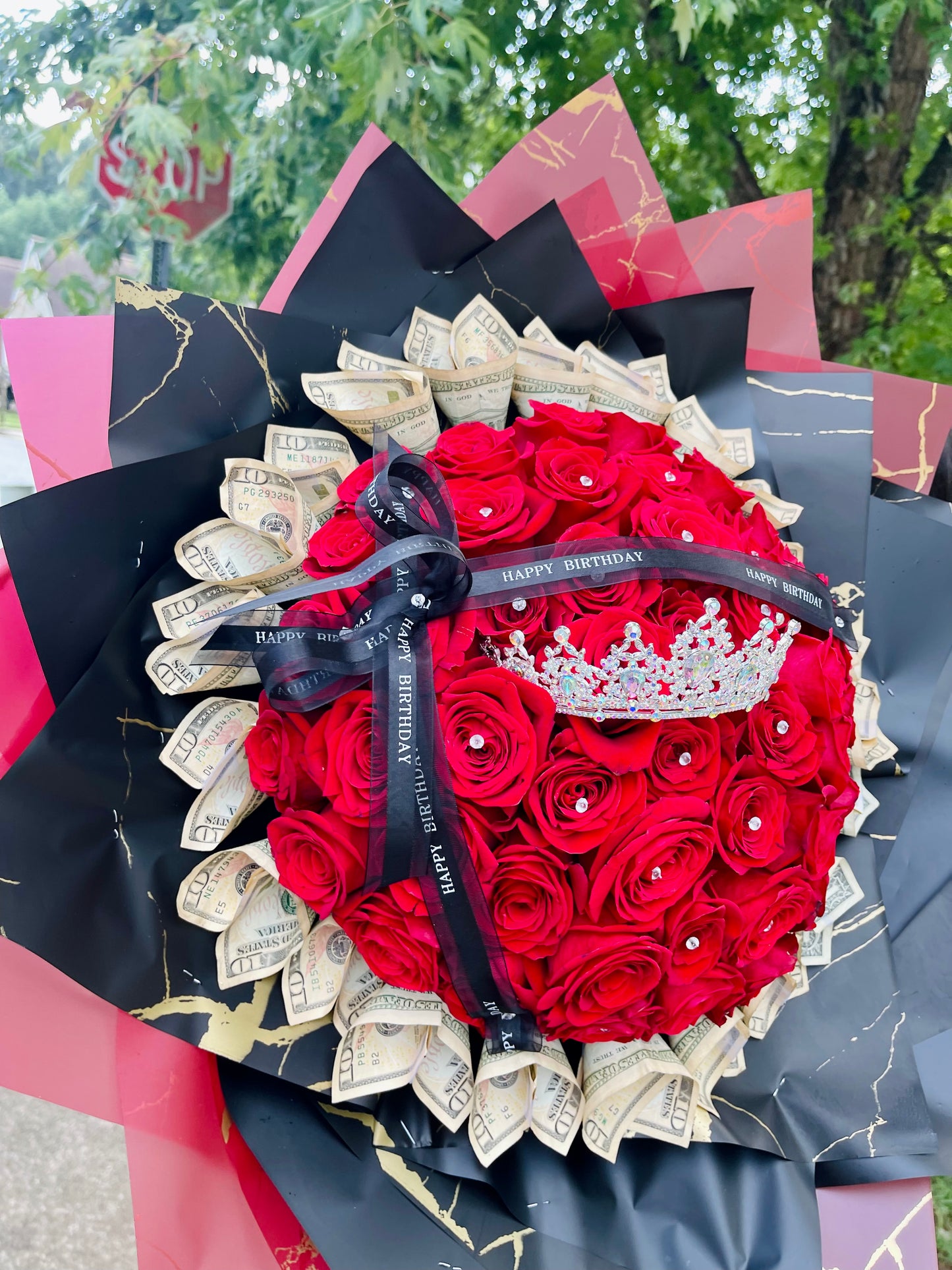 Money Bouquet with Crown and 50 Roses