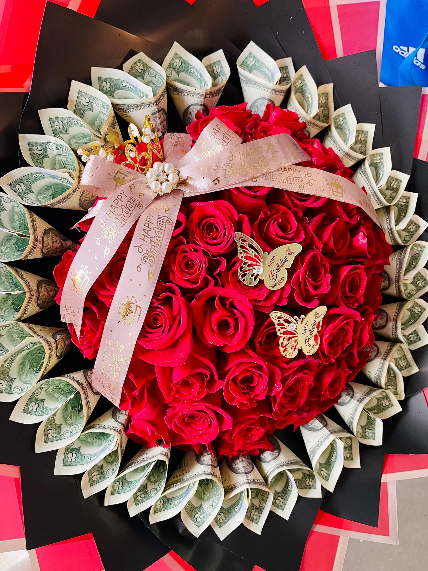 Money Bouquet with Crown and 50 Roses