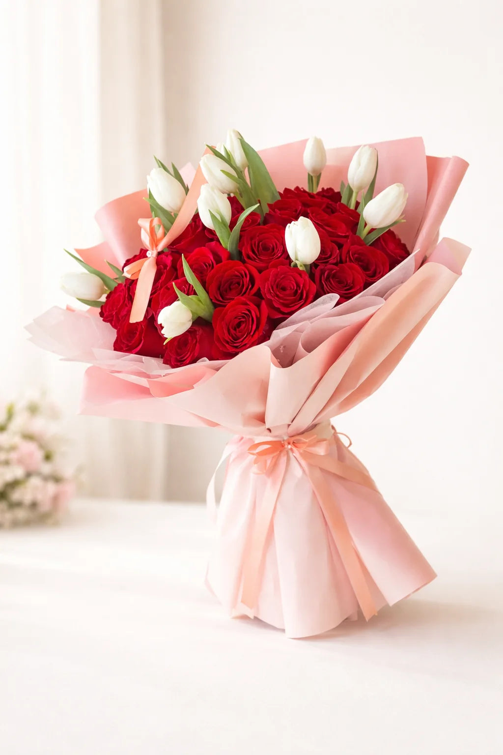Amour Signature bouquet with red roses and white tulips in blush pink wrapping, tied with a peach satin ribbon.