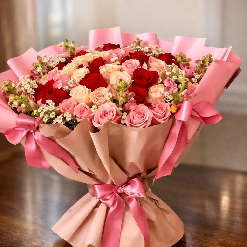 Simple Dulzura bouquet with red, blush and cream roses, stock and chamomile, wrapped in nude and pink paper with pink satin ribbons.