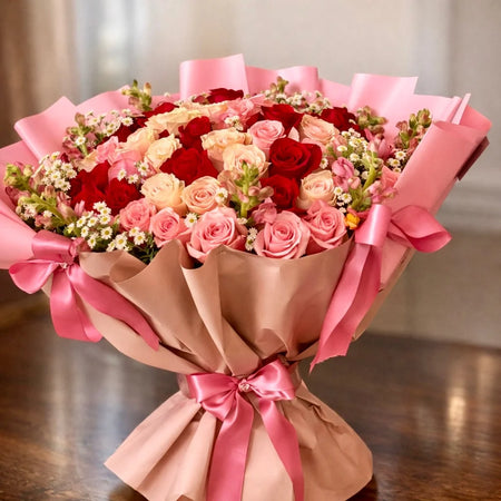 Simple Dulzura bouquet with red, blush and cream roses, stock and chamomile, wrapped in nude and pink paper with pink satin ribbons.